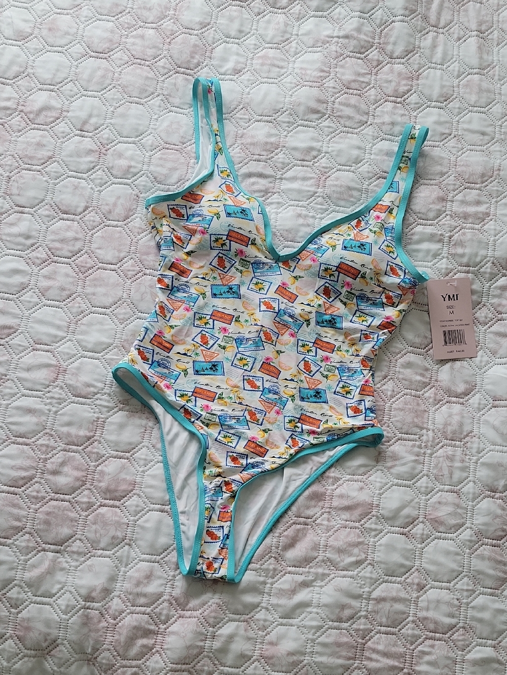 YMI Multicolor Postage-Print One-Piece Swimsuit with Turquoise Trim